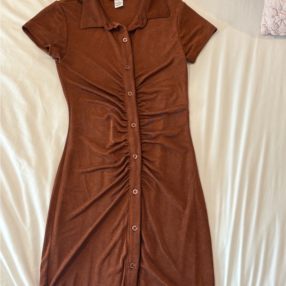 Brown Button-Up Ruched Dress
